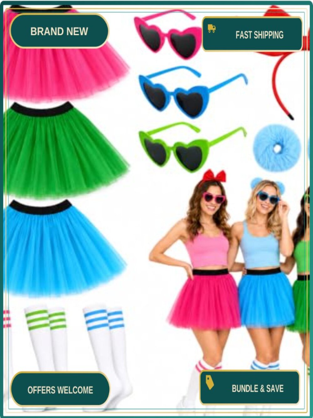 Halloween Costume Set Tutu Skirt Bow Headband Socks Glasses Women Party